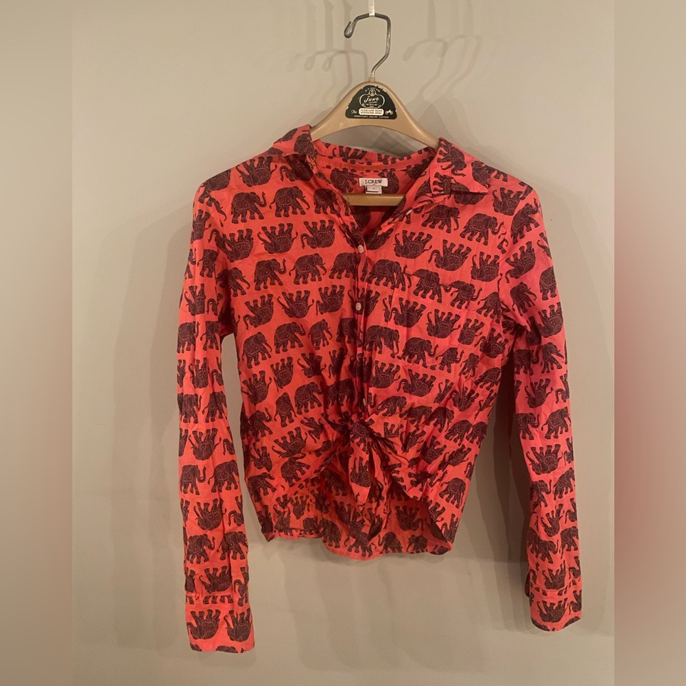 S J. Crew Elephant Tie Front Buttondown